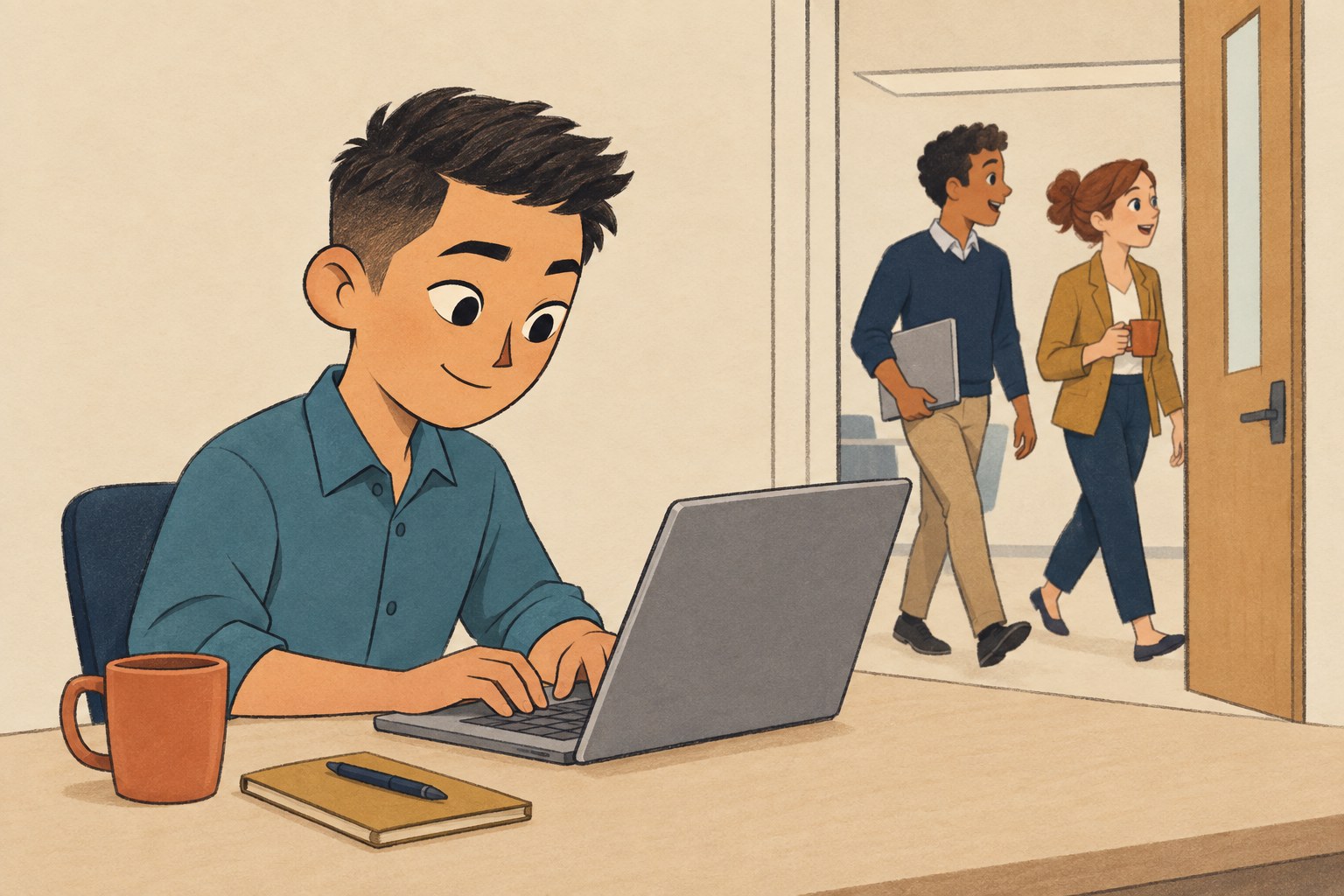 Cartoon of a young employee at their desk typing a follow-up email after a meeting while colleagues leave the meeting room